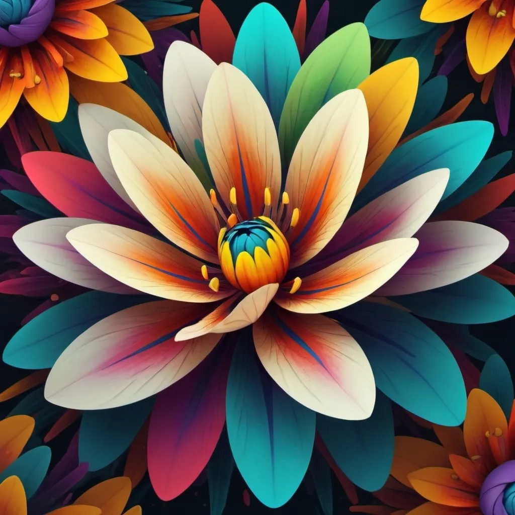 Prompt: a colorful flower with many different colors on it's petals and leaves, as well as a background, Android Jones, generative art, colorful flat surreal design, computer graphics