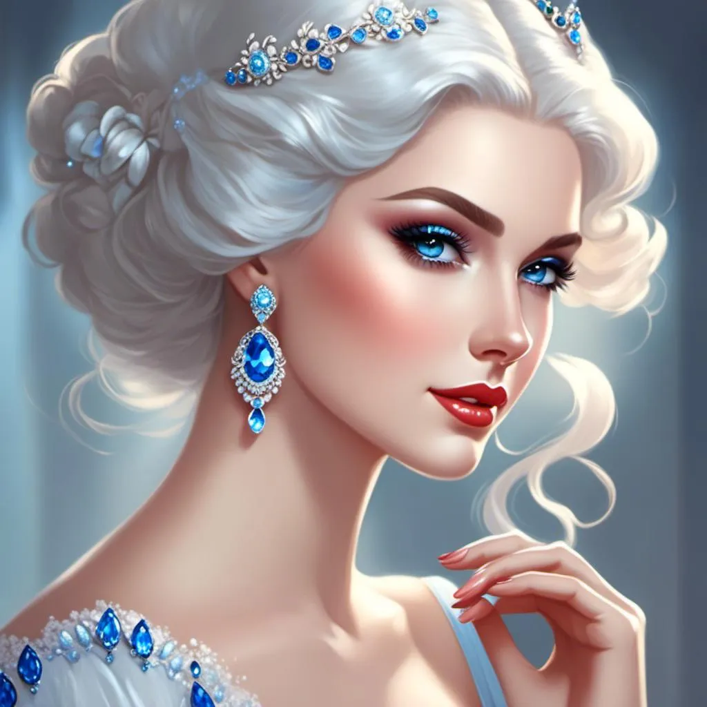 Prompt: <mymodel>A beautiful woman, snow white hair with pastel highlights, frosty blue eyes, blue eyeshadow, blue jewels on forehead