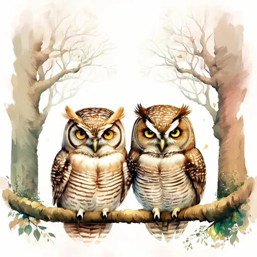 Prompt: Adorable illustration of two owls, soft pastel colors, dreamy forest setting, ultra-detailed feathers, big expressive eyes, whimsical, high quality, pastel colors, dreamy lighting