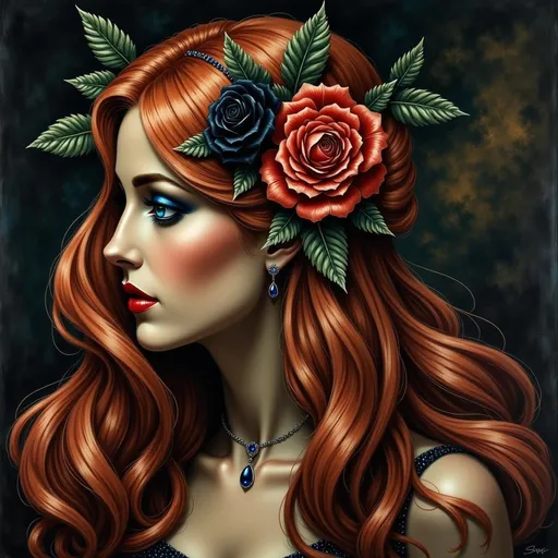 Prompt:  a woman with long red hair and a black rose in her hair, Anna Dittmann, gothic art, pre - raphaelite, an oil painting