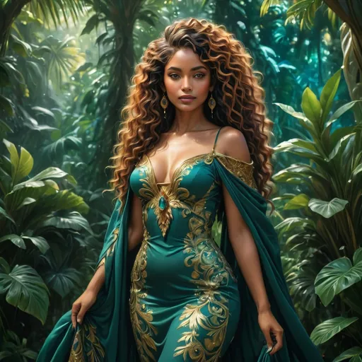 Prompt: In a lush, vibrant tropical setting, a stunning woman stands poised amid an abundance of greenery, her long, voluminous curls cascading down her shoulders. She is adorned in an ornate outfit featuring rich teal fabric embellished with intricate gold details and jewels that catch the dappled sunlight filtering through the foliage. The overall atmosphere exudes a sense of mystique and elegance, complemented by the soft glow of hanging lanterns nearby. Her confident expression suggests a narrative of strength and beauty, as she gracefully gestures with one hand, inviting the viewer into this enchanted scene. The interplay of light and deep colors creates a captivating visual tapestry, heightening the magical ambiance of the moment.