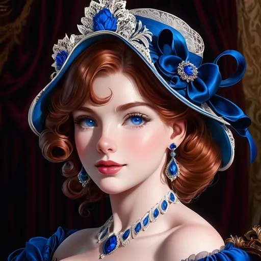 Prompt: Beautiful woman with blue eyes & Auburn hair, blue jewelry, intricate oval face, elegant & elaborate blue formal dress with velvet and lace detailing, blue milliner's hat, fair skin, upturned nose, full bosomy figure, blue high heels, sitting for a portrait, 8k, realistic, elegant, detailed, formal attire, intricate jewelry, portrait sitting, blue color scheme, fair complexion, exquisite hair, high-quality lighting