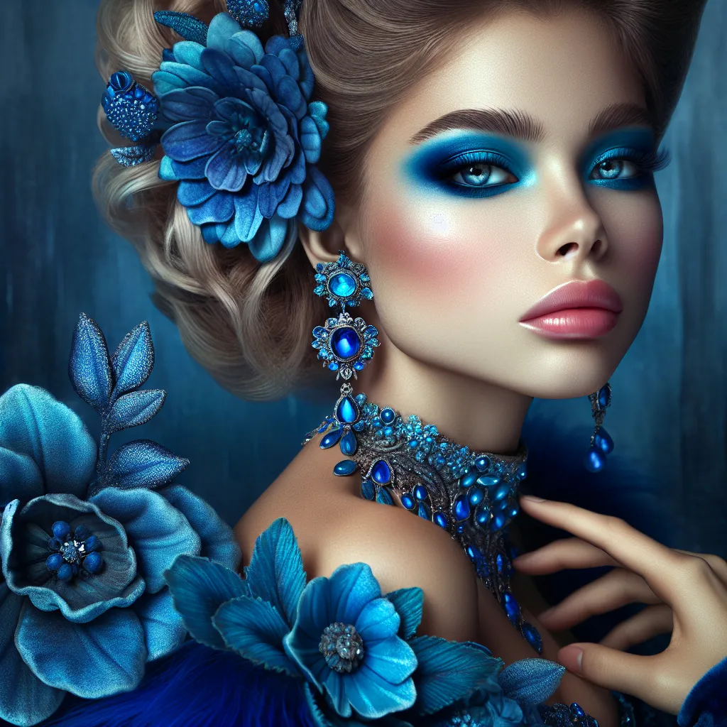 Prompt: a woman with blue makeup and a blue necklace and earrings on her neck and a blue dress on her shoulder, Anne Stokes, fantasy art, highly detailed digital painting, a photorealistic painting