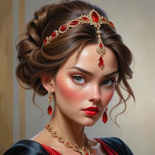 Prompt: <mymodel>Realistic oil painting of a powerful and elegant woman, flowing red gown, intricate jewelry, captivating gaze, detailed facial features, high quality, realistic, oil painting, elegant, flowing gown, powerful, captivating gaze, detailed facial features, intricate jewelry, professional lighting