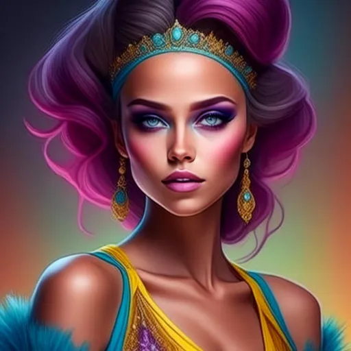 Prompt: <mymodel>digital painting, dramatic colourful makeup, high fashion, intense gaze, realistic portrayal, vibrant colors, detailed features, highres, professional, dramatic, realistic, digital painting, intense gaze, vibrant colors, detailed features, high fashion, glamorous lighting