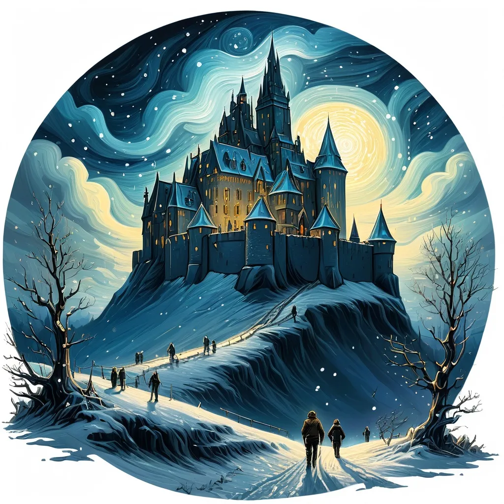 Prompt:  a castle in the snow at night with  Van Gogh stars and clouds above it and people walking on the snow covered ground, Dan Mumford, fantasy art, magical, a painting