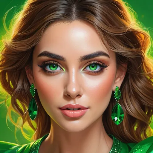 Prompt: <mymodel>Detailed illustration of a woman in vibrant green attire, large vivid green eyes, elegant makeup, digital painting, high resolution, realistic style, vibrant green, professional lighting