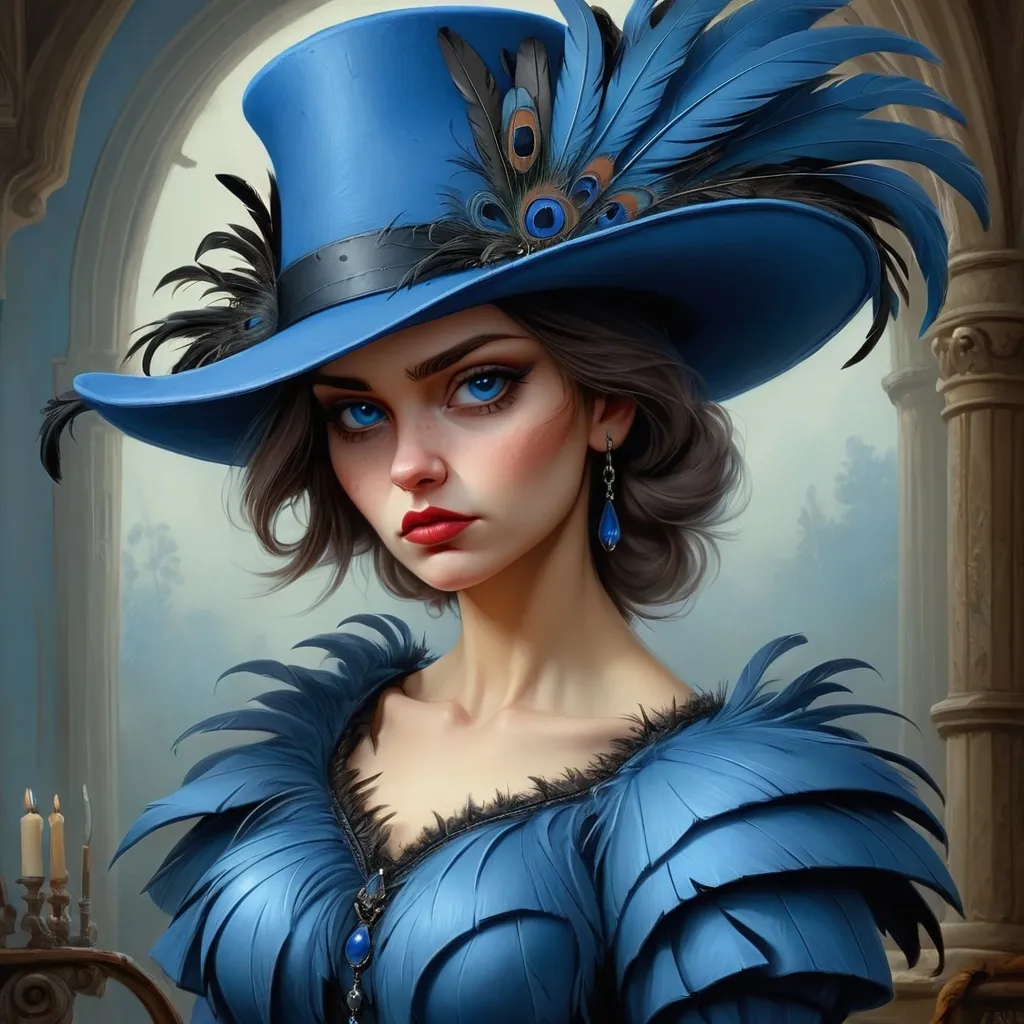 Prompt: a painting of a woman wearing a blue hat with feathersr Edwin Georgi, gothic art, highly detailed digital painting, a detailed painting