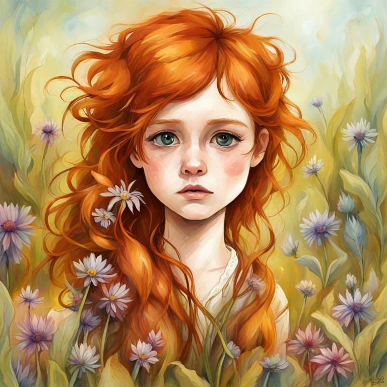 Prompt: ginger haired girl, large eyes,wildflowers