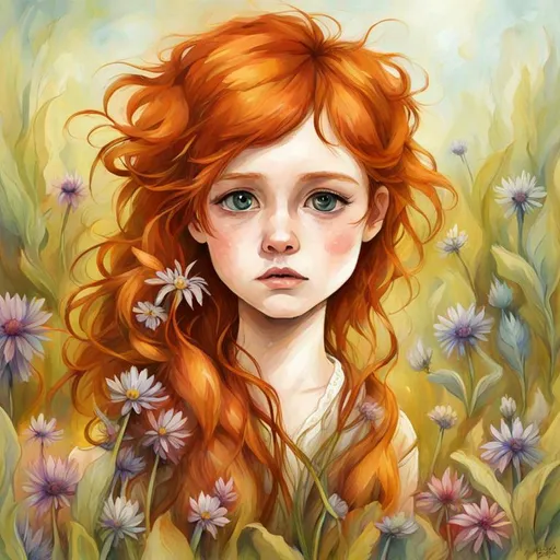 Prompt: ginger haired girl, large eyes,wildflowers