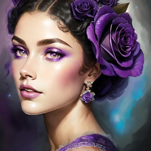 Prompt: Cosmic Epic Beauty, Beautiful and Gorgeous, purple roses in hair