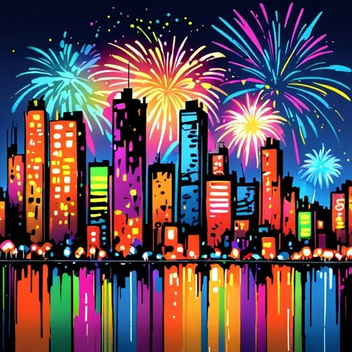 Prompt: cityscape with fireworks, high quality, graffiti style, vibrant tones, urban lighting