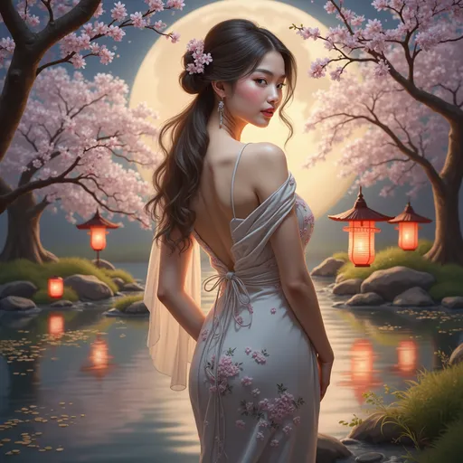 Prompt: Bathed in the soft glow of a luminous full moon, a young woman stands beside a tranquil body of water, her silhouette framed by delicate cherry blossom trees. Her flowing gown, adorned with pink floral patterns, embraces her figure, while her hair cascades softly down her back, decorated with small blossoms. As she glances over her shoulder, a serene expression graces her face, embodying a sense of peace amidst the enchanting surroundings. Glowing red lanterns dot the landscape, reflecting gently in the water, and the night is imbued with a sense of calm and romance, inviting viewers into this serene, dreamlike setting. The overall ambiance captures a moment of beauty and tranquility, where nature and elegance intertwine seamlessly.