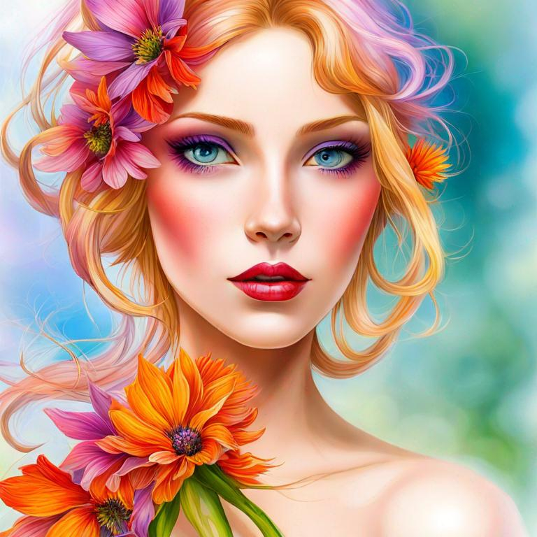 Prompt: a fairy of spring, ,wildflowers, vivid colors,  facial closeup