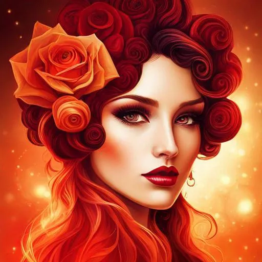 Prompt: fairy goddess, warm colors, fiery  red roses,
background, closeup