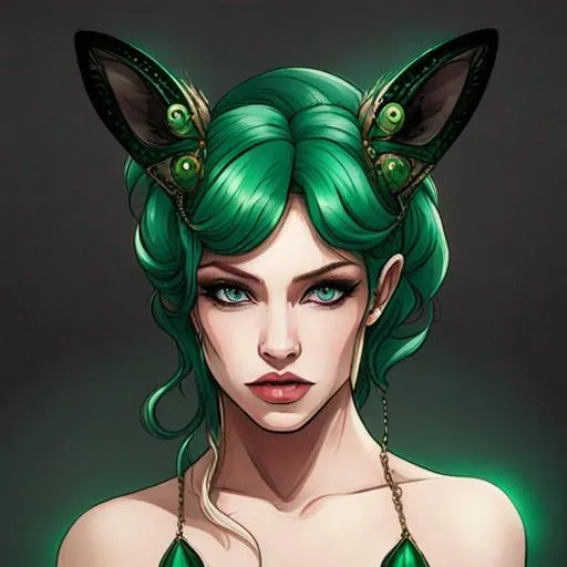 Prompt: Emerald lady with cat eyes and cat ears