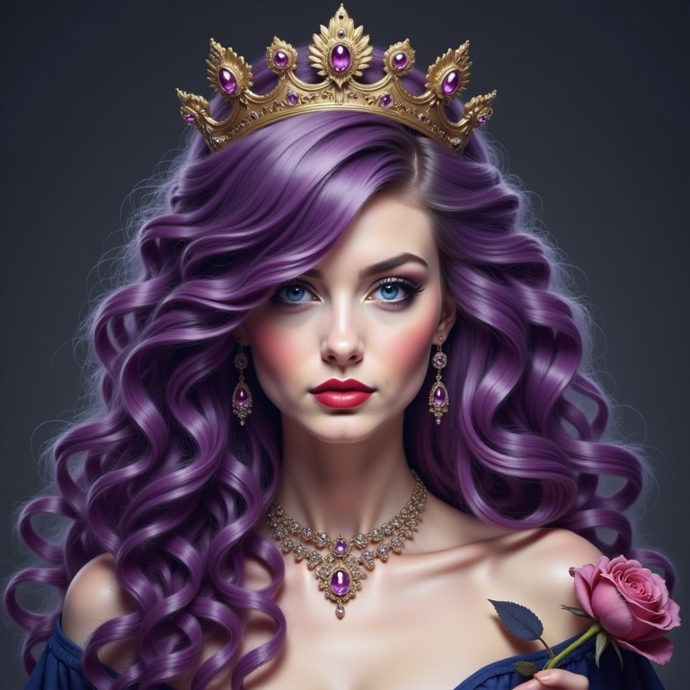 Prompt: a painting of a woman with purple hair and a crown on her head, holding a rose in her hand, Charlie Bowater, fantasy art, trending on art station, a character portrait