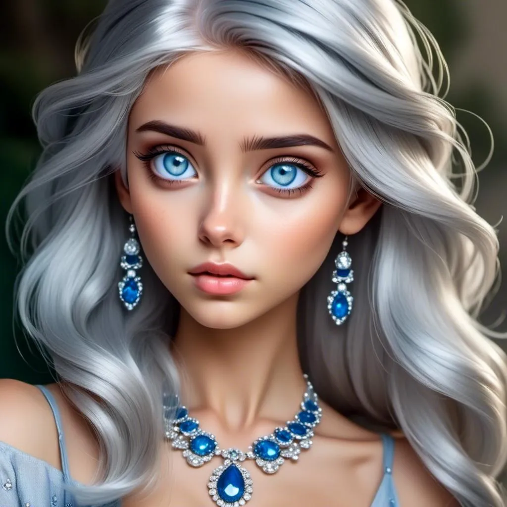 Prompt: <mymodel>A beautiful woman, white hair, blue eyes, blue eyeshadow, blue jewels o