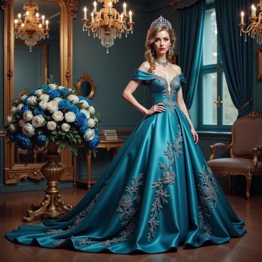 Prompt: A stunning scene unfolds in a lavishly decorated ballroom, where a graceful figure stands at the center, draped in an opulent, shimmering turquoise gown adorned with intricate silver embellishments. The gown’s off-the-shoulder neckline highlights the elegance of the wearer, whose confident posture and piercing gaze exude an air of regal sophistication. Surrounding her is an exquisite arrangement of blue and white roses, adding to the romantic ambiance enhanced by the warm glow of ornate chandeliers overhead. Enveloping her are rich turquoise walls and luxurious drapes that complement the regal decor, while the polished wooden floor reflects the soft light, creating a sense of grandeur and timeless beauty. The overall atmosphere suggests a moment frozen in time, filled with elegance and a hint of enchantment.