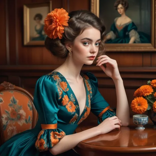 Prompt: In an elegantly adorned interior, a young woman captivates with her striking beauty and vintage-inspired attire. Her dress, a blend of deep teal and bold orange, features intricate floral patterns and puffed sleeves that evoke a sense of charm, complemented by a delicate flower tucked into her flowing hair. Seated at a polished wooden table, she exudes confidence, with a soft yet poised expression enhanced by rich burgundy lips and carefully selected jewelry that glistens subtly in the warm lighting. Behind her, a classic portrait adds depth to the scene, while a vibrant orange flower in a blue-and-white vase brings a touch of nature indoors, further enriching the warm, intimate ambiance of the space.