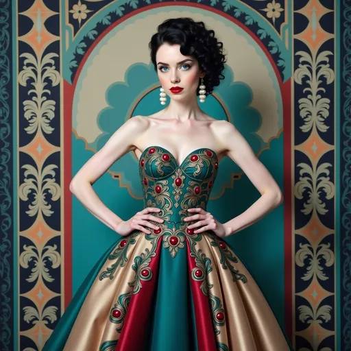 Prompt: A striking model stands confidently in front of an eye-catching, geometrically patterned backdrop that evokes a sense of Art Deco sophistication, characterized by rich teal and deep jewel tones. Her strapless gown, adorned with intricate shapes of emerald green, ruby red, and golden hues, hugs her figure and cascades into a dramatic skirt, amplifying the bold aesthetic. The model's porcelain skin contrasts with her dark, styled hair and deep red lips, contributing to a vintage glamour that captivates the viewer. Elegant pearl earrings frame her face, accentuating her poised expression, and the overall composition harmonizes the elements of fashion and artistic design, narrating a story of elegance and empowerment.