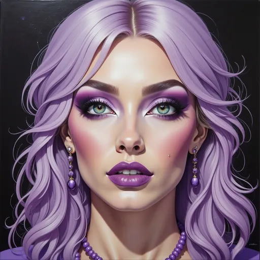 Prompt: a woman with purple makeup and purple hair is wearing a purple outfit and purple necklaces and purple eyeliner, Eva Frankfurther, synchromism, purple, a photorealistic painting