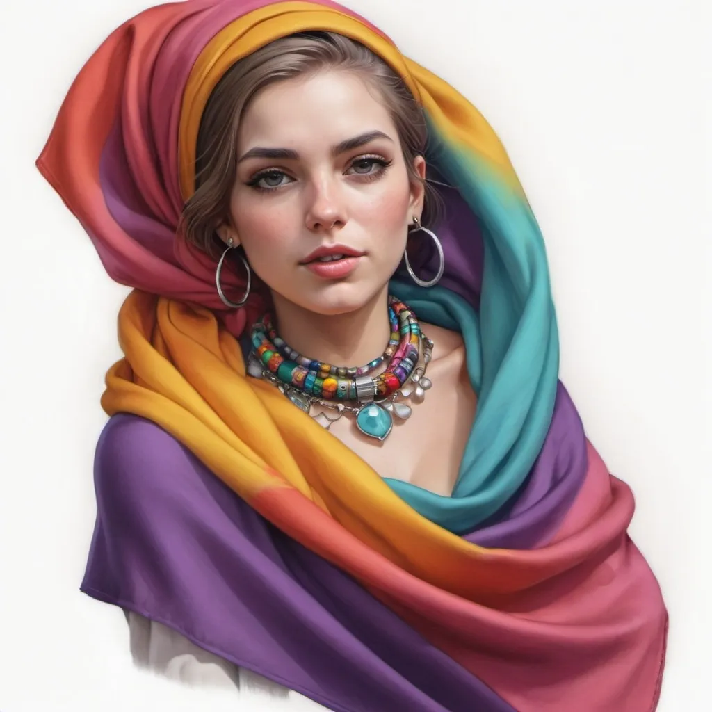 Prompt: a woman with a colorful head scarf and a necklace on her neck and a necklace on her neck, wearing a colorful scarf, Artgerm, photorealism, highly detailed digital painting, a photorealistic painting