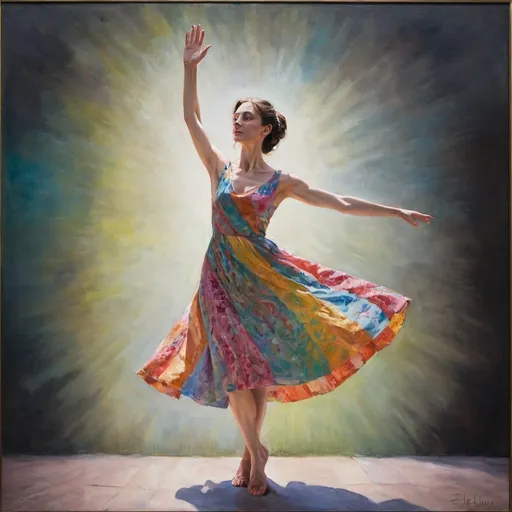 Prompt: a painting of a woman in a colorful dress with her arms outstretched and her hand out to the side, Elizabeth Polunin, figurative art, detailed oil painting, a fine art painting