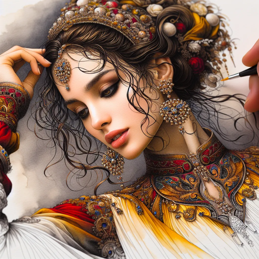 Prompt: <mymodel> beautiful woman, hair pinned up, yellow red black dress, earrings, Watercolor, trending on artstation, sharp focus, studio photo, intricate details, highly detailed, by  Josephine Wall and Jasmine Becket-Griffith