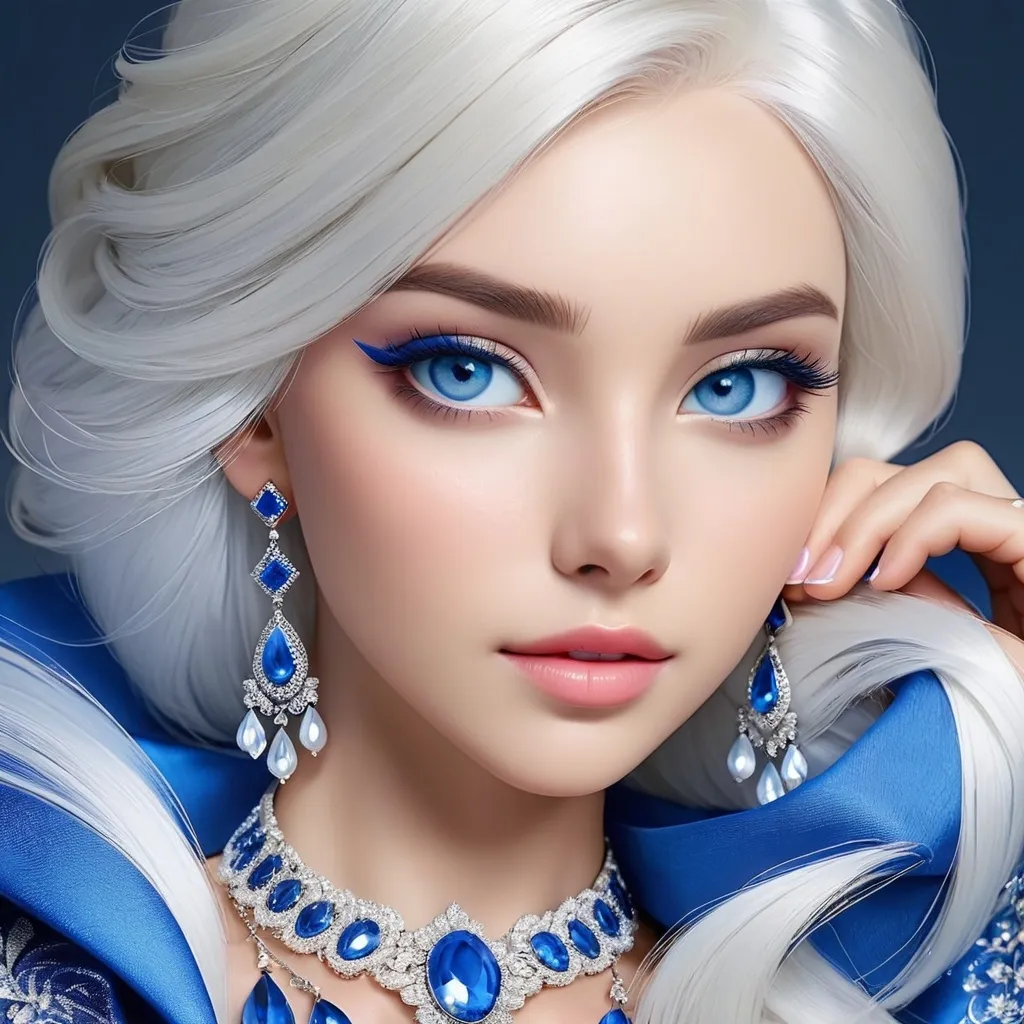 Prompt: <mymodel>A beautiful woman, white hair, blue eyes, blue eyeshadow, blue jewels o