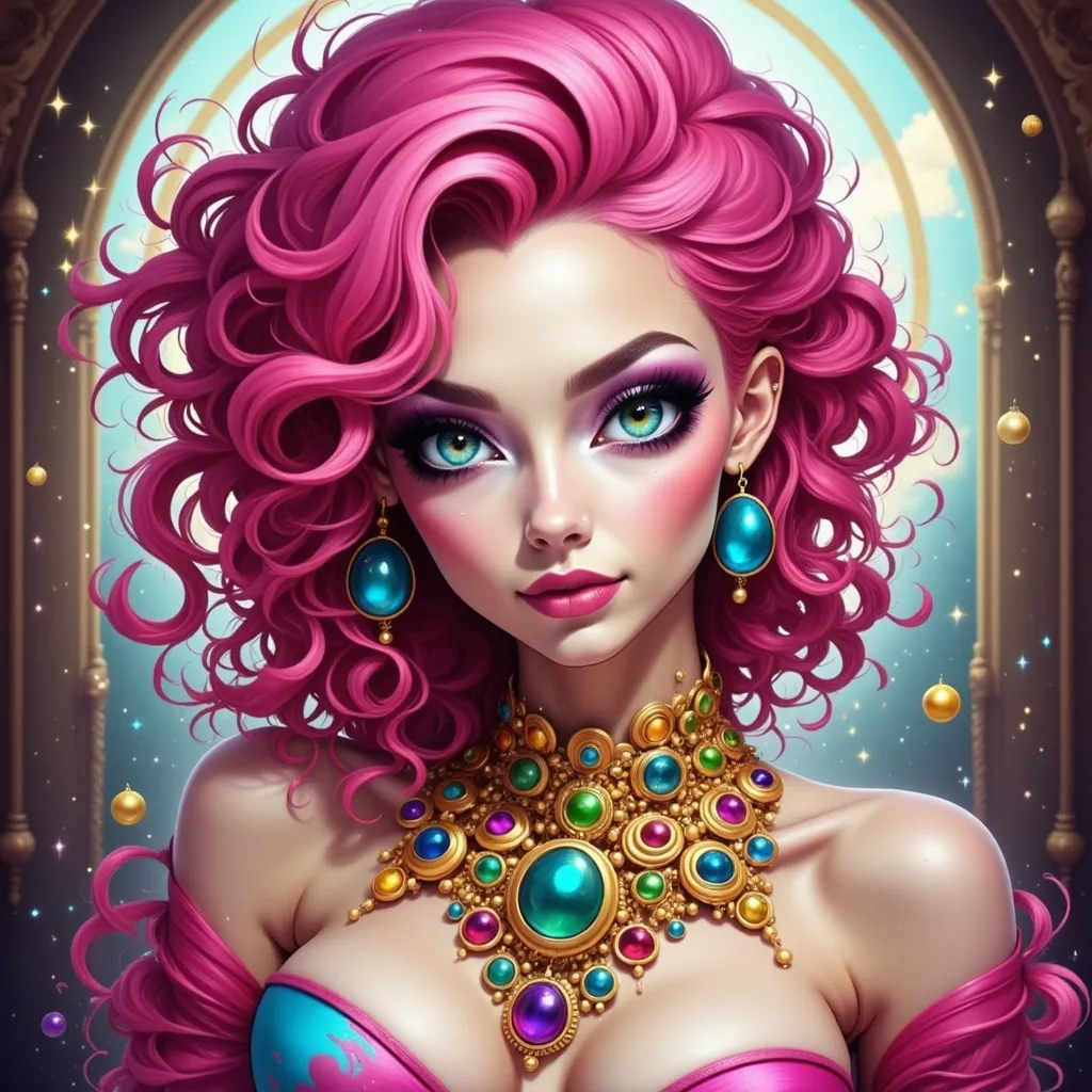 Prompt: a woman with pink hair and big blue eyes wearing a necklace and earrings with jewels on her neck and chest, Artgerm, fantasy art, highly detailed digital painting, a digital painting