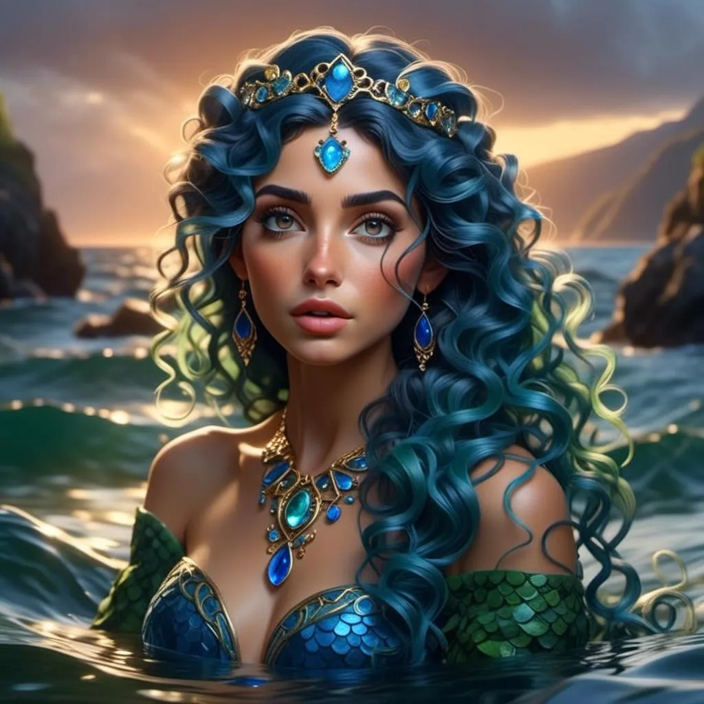 Prompt: <mymodel>HD 4k 3D 8k professional modeling photo hyper realistic beautiful woman ethereal greek goddess druid mermaid
cobalt blue hair olive skin gorgeous face  jewelry druid crown colored mermaid tail full body surrounded by ambient glow hd landscape under lush celtic waters

