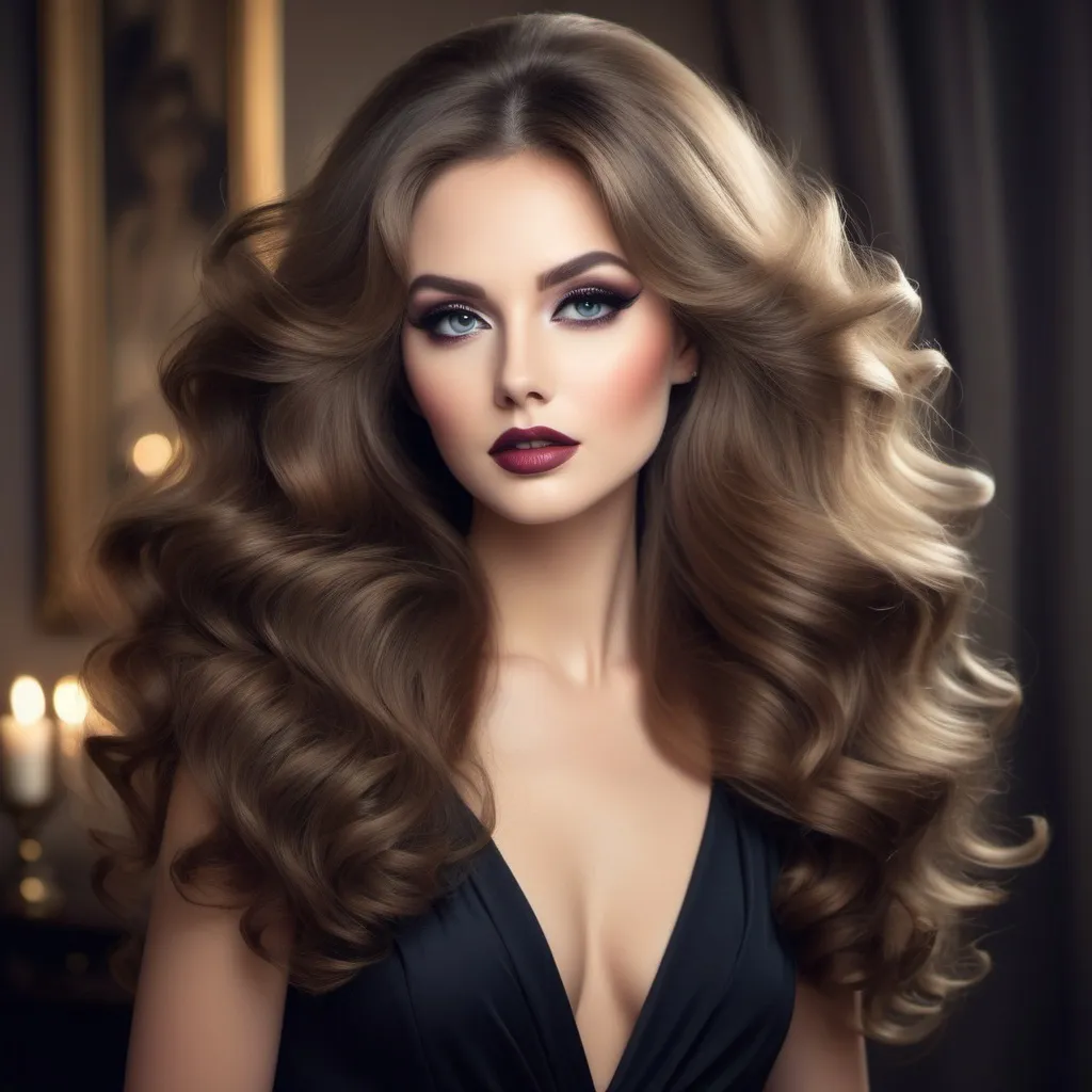 Prompt:  beautiful, elegant lady with long beauriful volumious hair and pretty makeup.