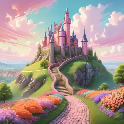 Prompt: A whimsical castle stands majestically atop a green hill, its pink towers and whimsical spires reaching towards a pastel sky filled with swirling clouds, bathed in soft sunlight. A winding cobblestone path leads up to the castle, flanked by vibrant gardens overflowing with colorful flowers in shades of orange, pink, and purple that blanket the hillside. In the background, a serene landscape stretches out, hinting at distant villages basking in the gentle glow of sunset, creating a magical, fairy-tale atmosphere. The overall composition exudes a sense of enchantment and serenity, inviting viewers into a world of dreamlike beauty and wonder.