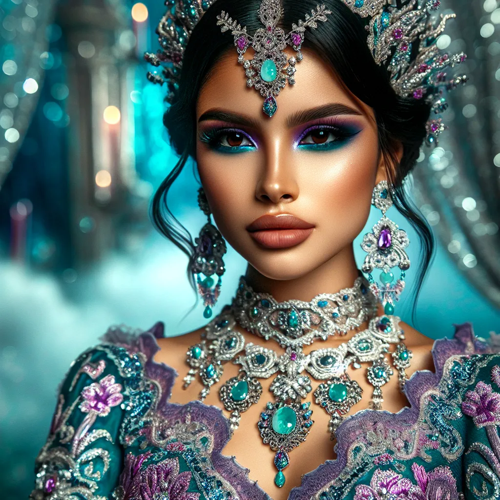 Prompt: illustration of a young woman, aqua and purple tones, elaborate jewelry, detailed makeup, colorful attire