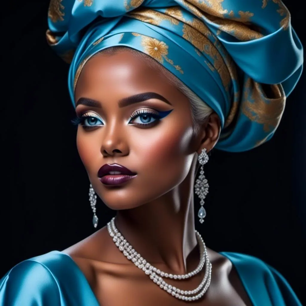 Prompt: Elegant black woman, striking blue eyes<mymodel>