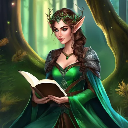 Prompt: fantasy book cover, a dark chesnut haired elven princess with brown highlights in her very extremely er long short messy curly pixie hair, tanned, elf fae, tall and willowy and pretty, soft freckles, big large green eyes, pointed ears, intricate blue and green gown, pointy elvish ears, iron palace gray metal, landscape beautiful pine forest, Carne Griffiths, Michael Garmash, Frank Frazetta, Castle Background, Victo Ngai, Detailed, Vibrant, Sharp Focus, Character Design, Wlop, Kuvshinov, Character Design, TXAA, 32k, Highly Detailed, Dynamic Pose, Intricate Motifs, Organic Tracery, Perfect Composition, Digital Painting, Artstation, Smooth, Sharp Focus, Illustration, hyperdetailed, greg rutkowski