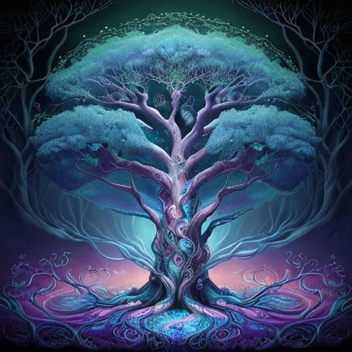 Prompt: Surrealistic depiction of the Tree of Life, vibrant and otherworldly, swirling branches and roots, dreamlike atmosphere, mysterious and enchanting, high quality, detailed surrealism, magical realism, whimsical colors, ethereal lighting, mystical infusion, vibrant and dreamlike, mystical, enchanted, surrealism, vibrant colors, swirling branches, dreamlike, high quality, detailed, magical realism, ethereal lighting