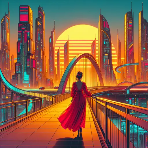 Prompt: <mymodel> a womenn in a red dresses walking across a bridge in front of a city skyline with skyscrapers at sunset, Alena Aenami, retrofuturism, synthwave style, cyberpunk art