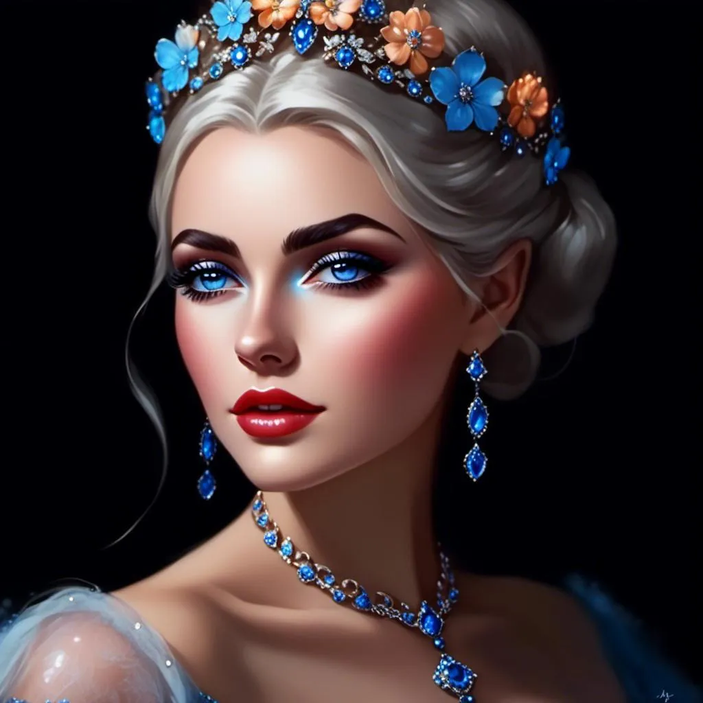 Prompt: <mymodel>A beautiful woman, snow white hair with pastel highlights, frosty blue eyes, blue eyeshadow, blue jewels on forehead