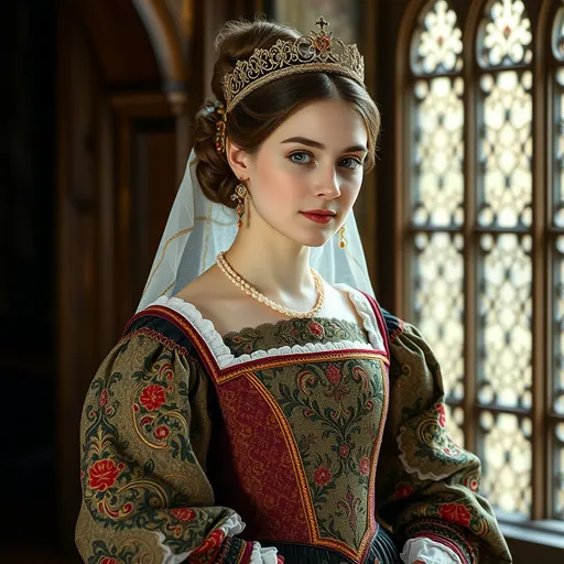 Prompt: Tudor era princess in a elaborate dress embroidering