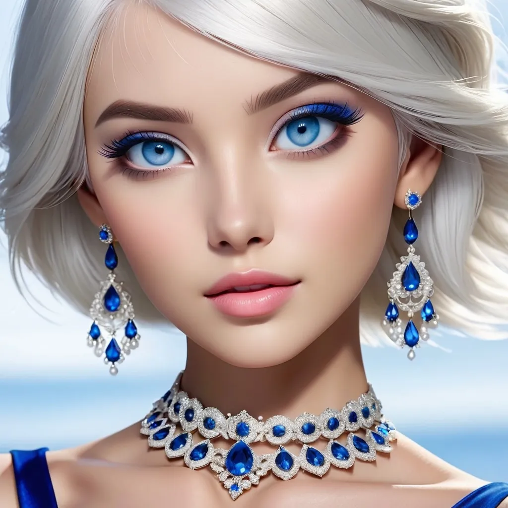 Prompt: <mymodel>A beautiful woman, white hair, blue eyes, blue eyeshadow, blue jewels o