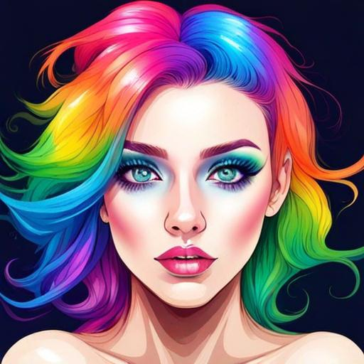 Prompt: Girl with rainbow colored hair, bright eyes,  beautiful makeup, facial closeup