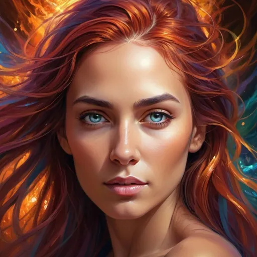Prompt: Detailed digital painting of a powerful woman, vibrant colors, magical fantasy setting, flowing hair with intricate details, intense and confident expression, ethereal and mystical atmosphere, high quality, digital painting, fantasy, vibrant colors, flowing hair, powerful, confident, mystical, atmospheric lighting