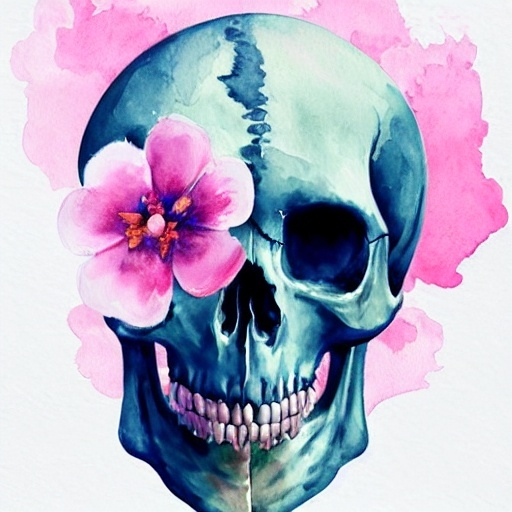 Prompt: a watercolor painting of a skull with a flower in its hair and a pink flower in its mouth, Annabel Eyres, vanitas, skull, a watercolor painting