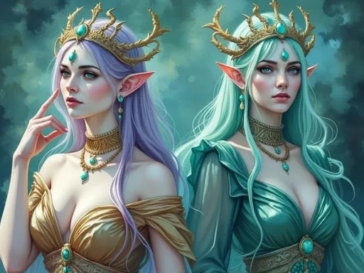 Prompt: This is a highly detailed digital painting depicting two ethereal, fantasy female elves standing side by side. Both women have long, flowing hair—one with lavender hair and the other with mint green. Their pointed ears are prominent, adding to their otherworldly appearance. They wear ornate, golden crowns adorned with turquoise gemstones that match their jewelry, including chokers, earrings, and necklaces. The lavender-haired elf is dressed in an off-shoulder, golden, intricately designed dress with a low neckline, while the mint green-haired elf wears a similar, but slightly more modest, green dress with a deep V-neck. Both dresses have a semi-transparent, gauzy texture. Their eyes are large, almond-shaped, and glowing with a blue-green hue, adding to their mystical aura. The background is a gradient of teal and dark green, with abstract, swirling patterns that enhance the magical atmosphere. The lighting is soft, highlighting their delicate features and the shimmer of their jewelry. The overall style is hyper-realistic with a fantasy art influence, showcasing exquisite attention to detail in textures, colors, and light. The image evokes a sense of elegance, magic, and otherworldliness.