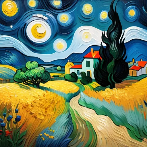 Prompt: (Van Gogh inspired artwork), vibrant colors, swirling brushstrokes, (post-impressionist style), emotional depth, immersive landscape, starry night sky, lush fields, dramatic light contrasts, visually striking composition, high quality detail, dreamlike atmosphere, expressive textures, 4K resolution, masterpiece quality.