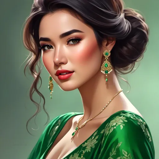 Prompt: <mymodel>Detailed illustration of a asian woman in vibrant green attire, large vivid green eyes, elegant makeup, digital painting, high resolution, realistic style, vibrant green, professional lighting