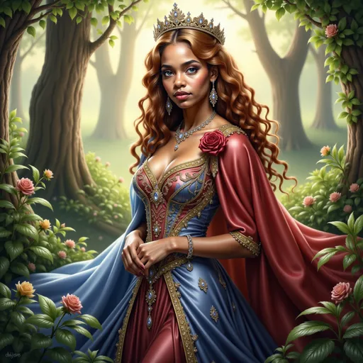 Prompt: Amidst the enchanting greenery of a lush forest, a captivating figure emerges, exuding a blend of elegance and mystique. This striking woman, with flowing auburn hair cascading in soft waves, wears a richly embellished gown of vibrant blue and gold, adorned with intricate patterns and a single red rose accent. Her piercing blue eyes are framed by delicate makeup that enhances her radiant features, while her expressive gaze suggests both confidence and grace. Draped in a flowing cape that transitions from deep red to soft blue, she stands poised among the lush foliage, the sunlight filtering through the trees and casting a warm glow on this magical scene, evoking an air of fantasy and adventure. The interplay of colors, from the emerald greens of the leaves to the shimmering gemstones in her attire, adds depth to this visually stunning portrayal, inviting viewers into a realm of fairy-tale allure.