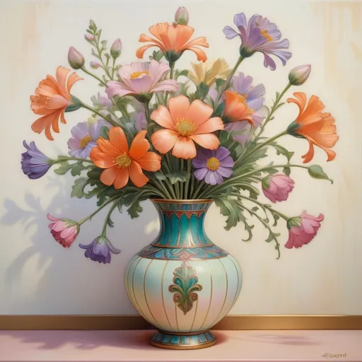 Prompt: a painting of a vase with flowers in it on a white background with a pastel background, Alison Kinnaird, cloisonnism, in gouache detailed paintings, an art deco painting